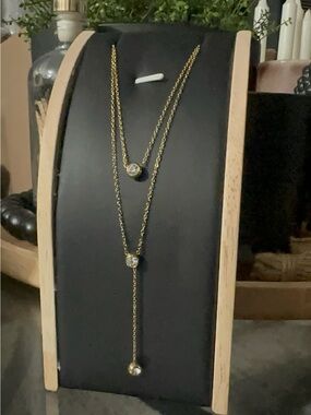 Delicate Gold Layered Y Necklace with Crystal Drops - Women's Jewelry